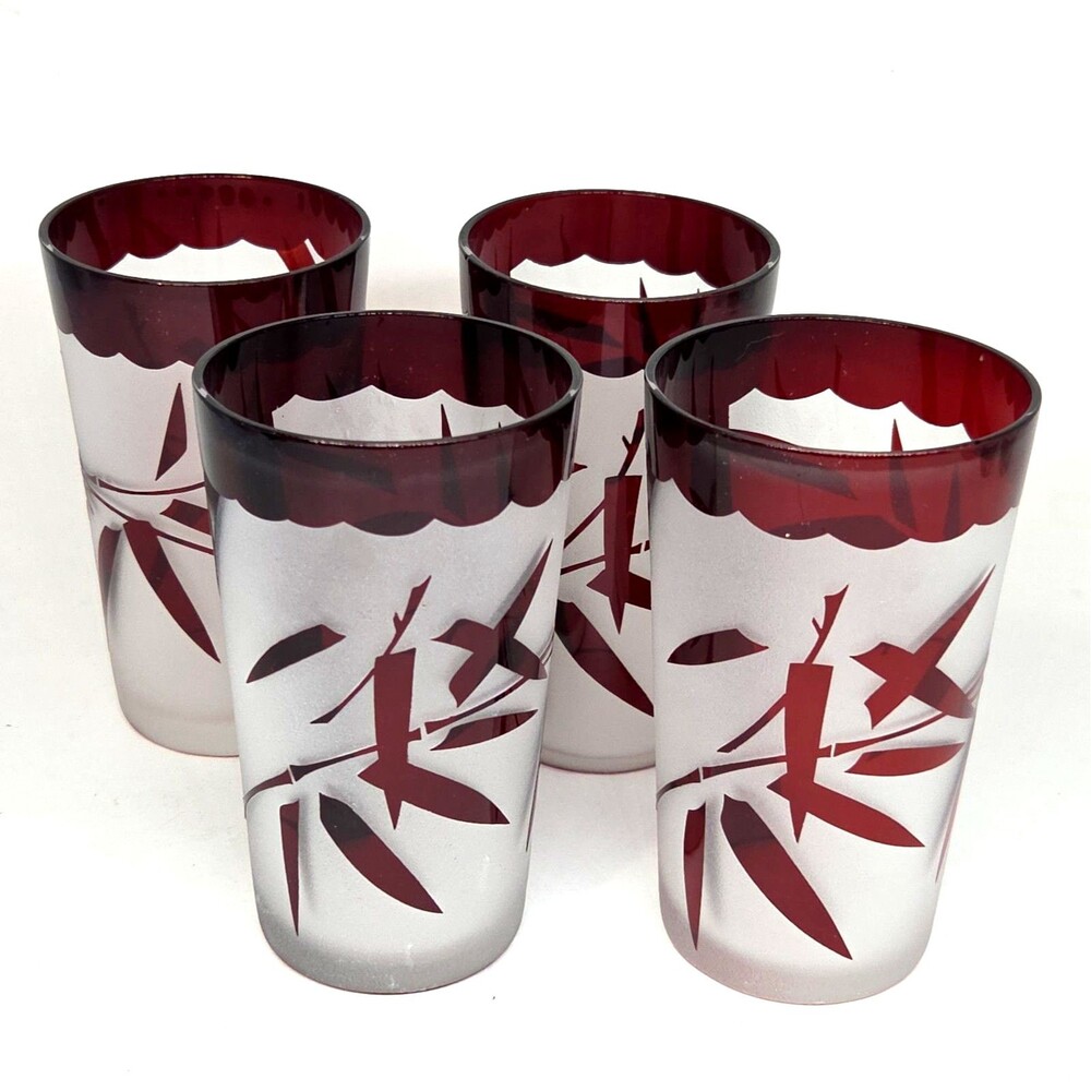 Noritake Ruby Red Flash Set Of 4 Frosted Bamboo 4 3/4" Tall Glasses c.1950's